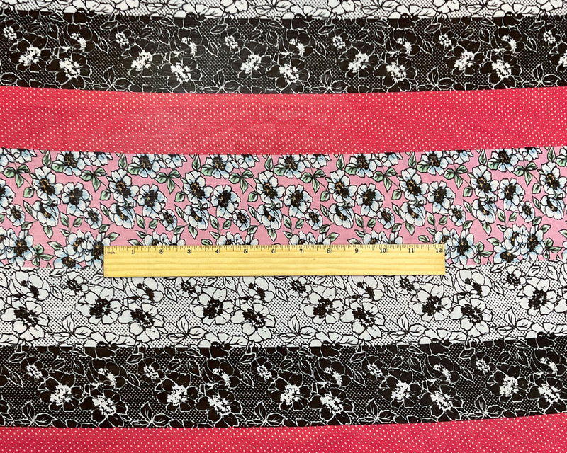 Red-Black-Multi Poly Stripe Floral Printed Chiffon Woven Fabric
