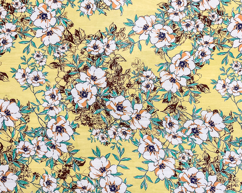 Yellow-Green-Multi Poly Floral Printed Chiffon Woven Fabric