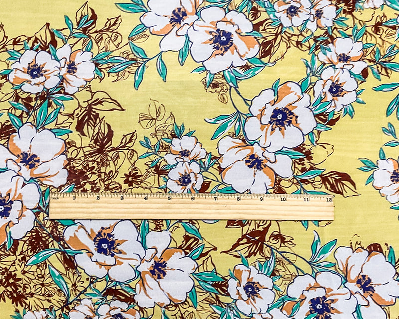 Yellow-Green-Multi Poly Floral Printed Chiffon Woven Fabric