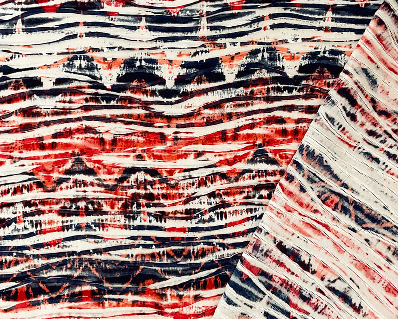 Red-Multi Poly Abstract Chevron Printed Knife Pleat Knit Fabric