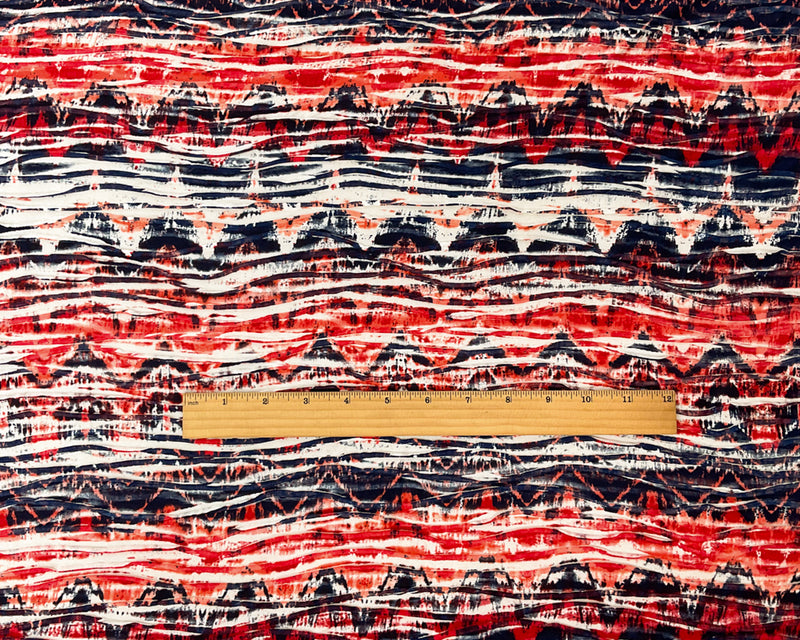 Red-Multi Poly Abstract Chevron Printed Knife Pleat Knit Fabric