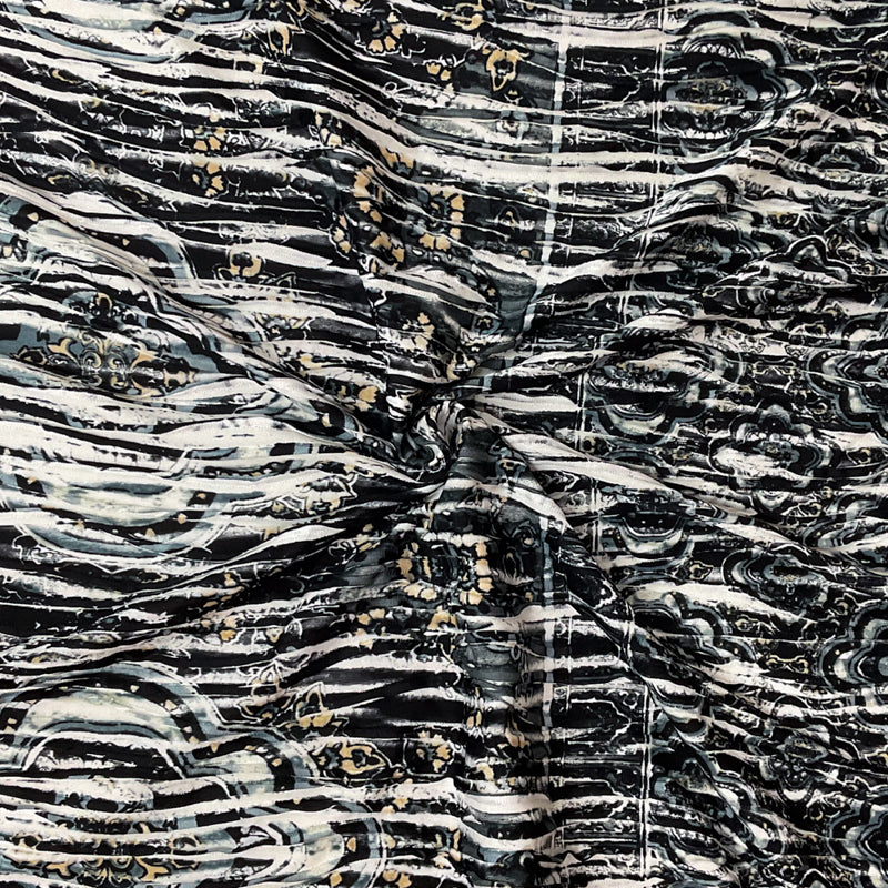 Black-Gray Poly Medallion Border Printed Knife Pleat Knit Fabric