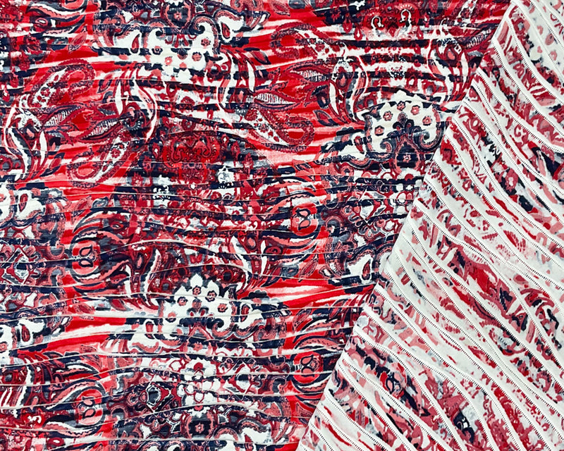 Red-Multi Poly Paisley Baroque Printed Knife Pleat Knit Fabric