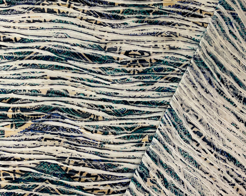 Blue-Turquoise-Multi Poly Chevron Printed Knife Pleat Knit Fabric