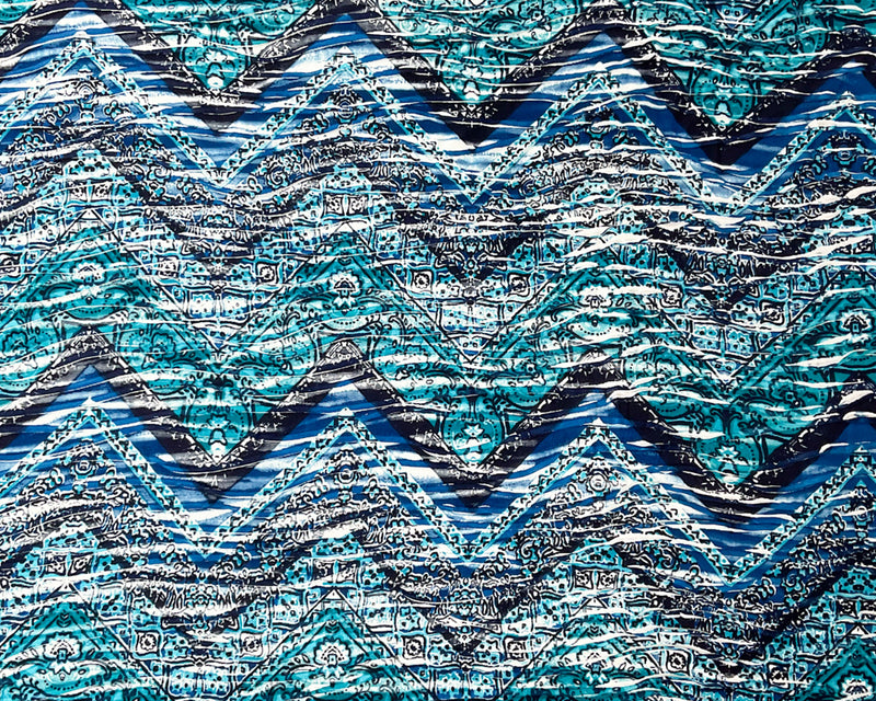 Blue-Turquoise Poly Chevron Baroque Print Knife Pleat Knit Fabric