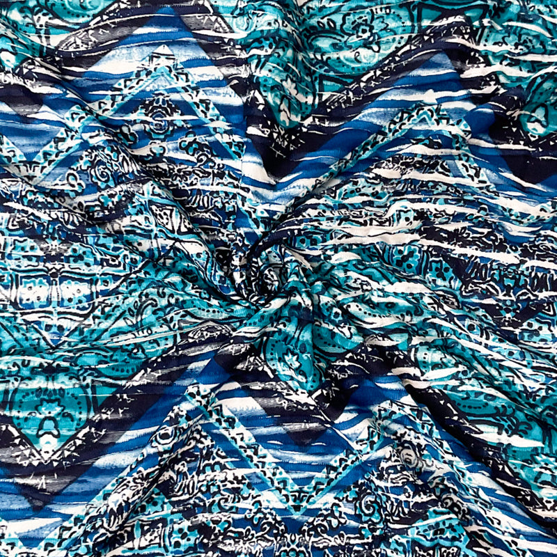 Blue-Turquoise Poly Chevron Baroque Print Knife Pleat Knit Fabric