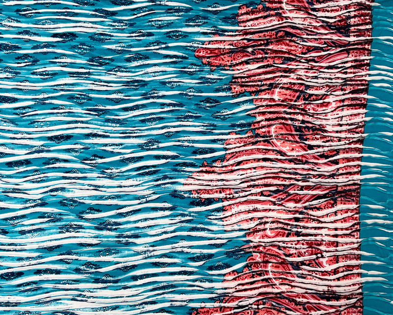 Turquoise-Multi Poly Baroque Border Printed Knife Pleat Knit Fabric
