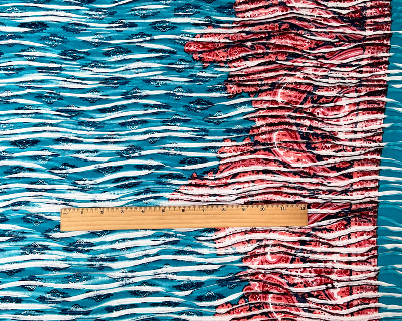 Turquoise-Multi Poly Baroque Border Printed Knife Pleat Knit Fabric