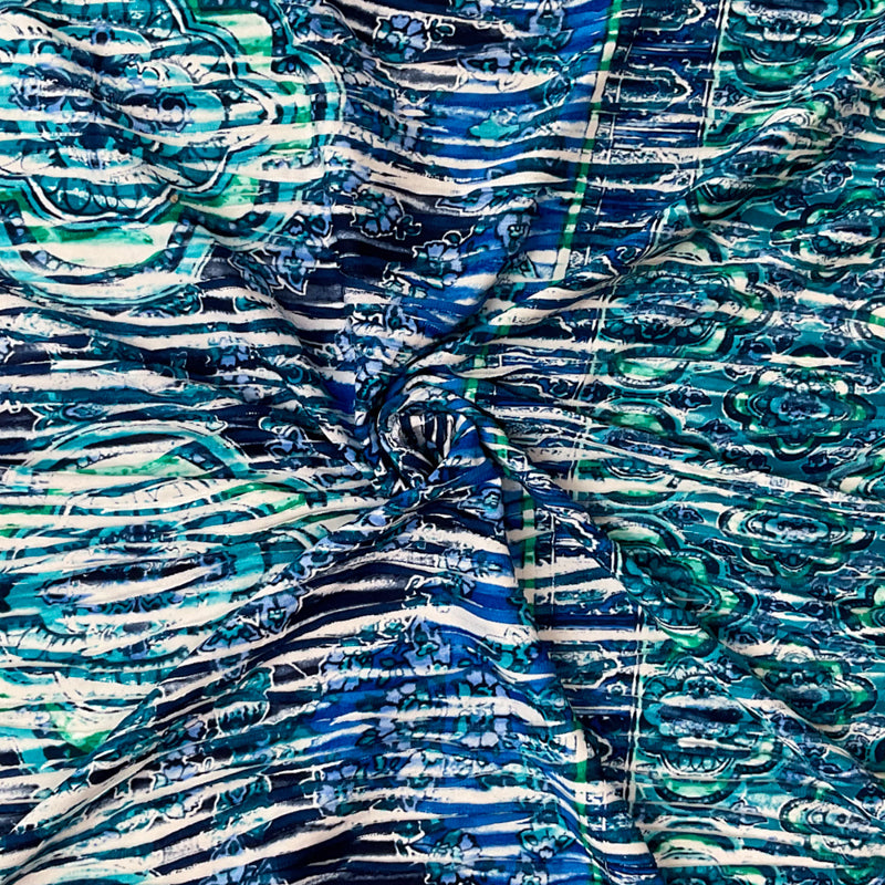 Blue-Multi Poly Medallion Border Printed Knife Pleat Knit Fabric