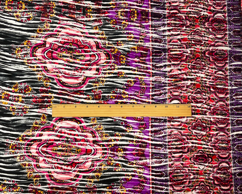 Red-Black-Multi Poly Medallion Border Printed Knife Pleat Knit Fabric