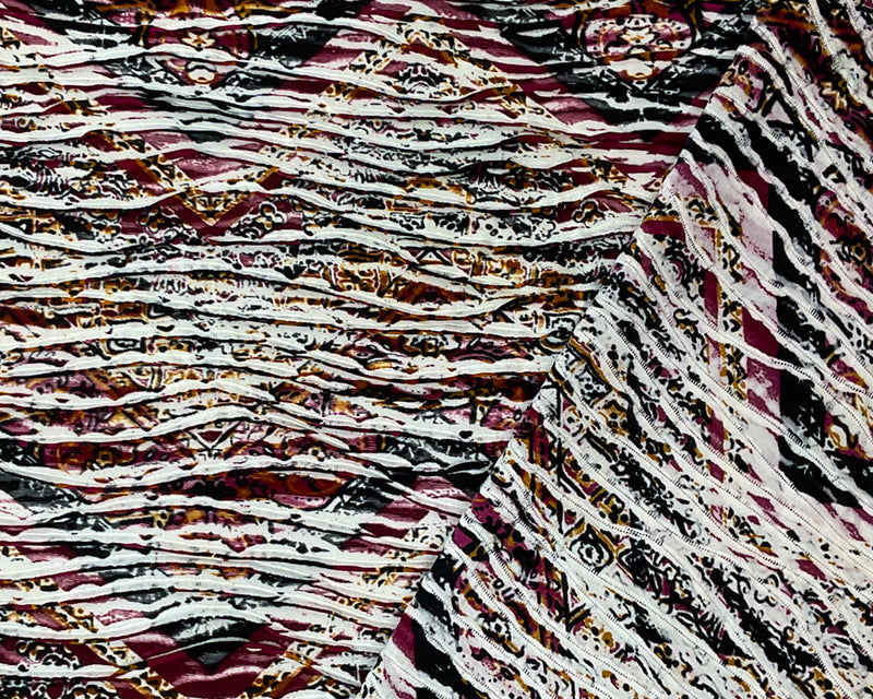 Red-Multi Poly Chevron Baroque Printed Knife Pleat Knit Fabric