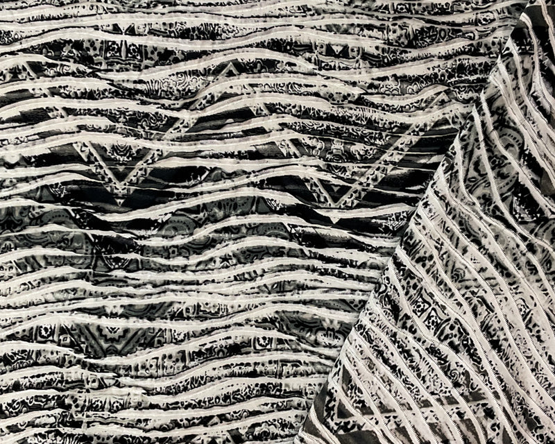 Black-White-Multi Poly TieDye Chevron Print Knife Pleat Knit Fabric
