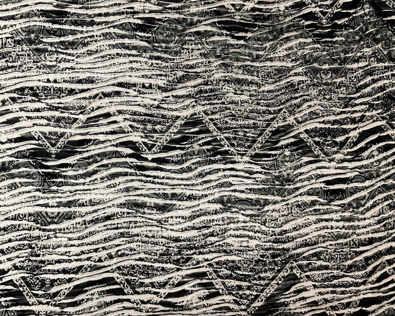 Black-White-Multi Poly TieDye Chevron Print Knife Pleat Knit Fabric
