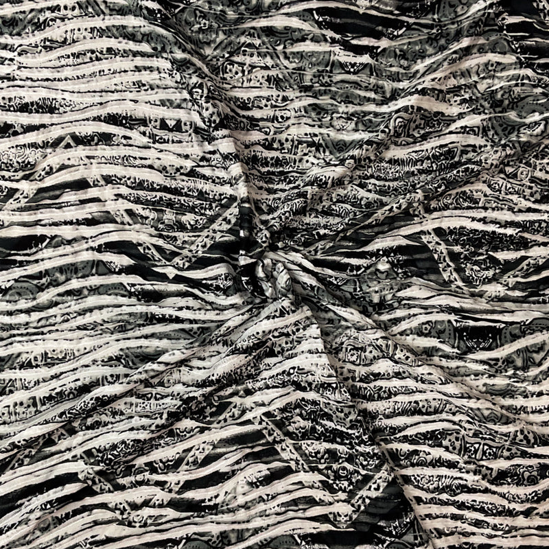 Black-White-Multi Poly TieDye Chevron Print Knife Pleat Knit Fabric