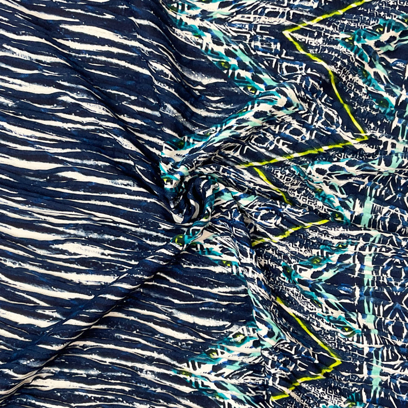 Blue-Turquoise Poly Chevron Border Print Knife Pleat Knit Fabric