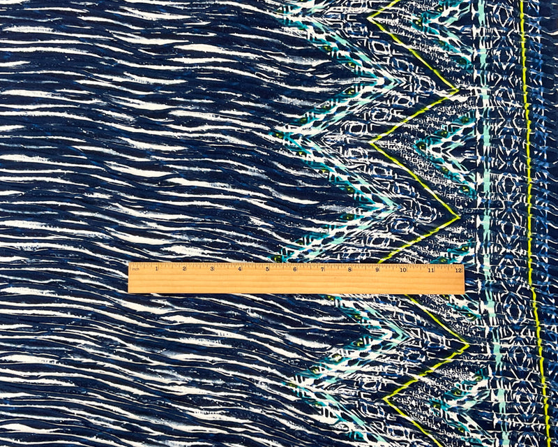 Blue-Turquoise Poly Chevron Border Print Knife Pleat Knit Fabric