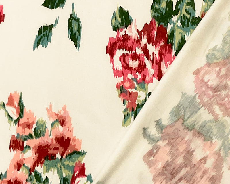 Coral-Multi Poly Stretch Floral Ikat Print DB Jersey Knit Fabric