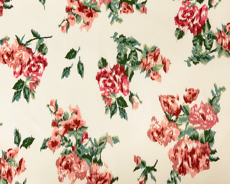 Coral-Multi Poly Stretch Floral Ikat Print DB Jersey Knit Fabric
