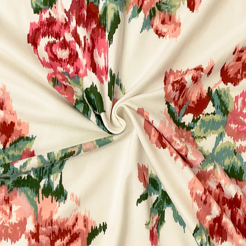 Coral-Multi Poly Stretch Floral Ikat Print DB Jersey Knit Fabric