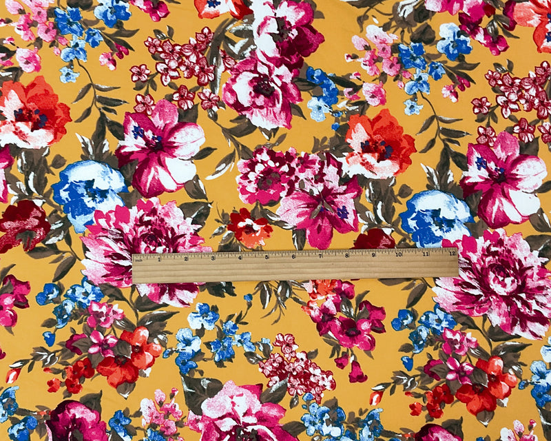 3 1/2 YD PC-Yellow-Multi Poly Stretch Spandex Floral Print DB Jersey Knit Fabric