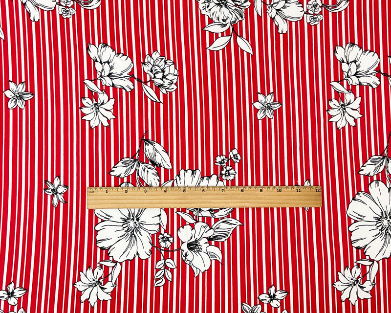 Red-Multi Poly Stretch Spandex Floral Stripe Print DB Jersey Knit Fabric