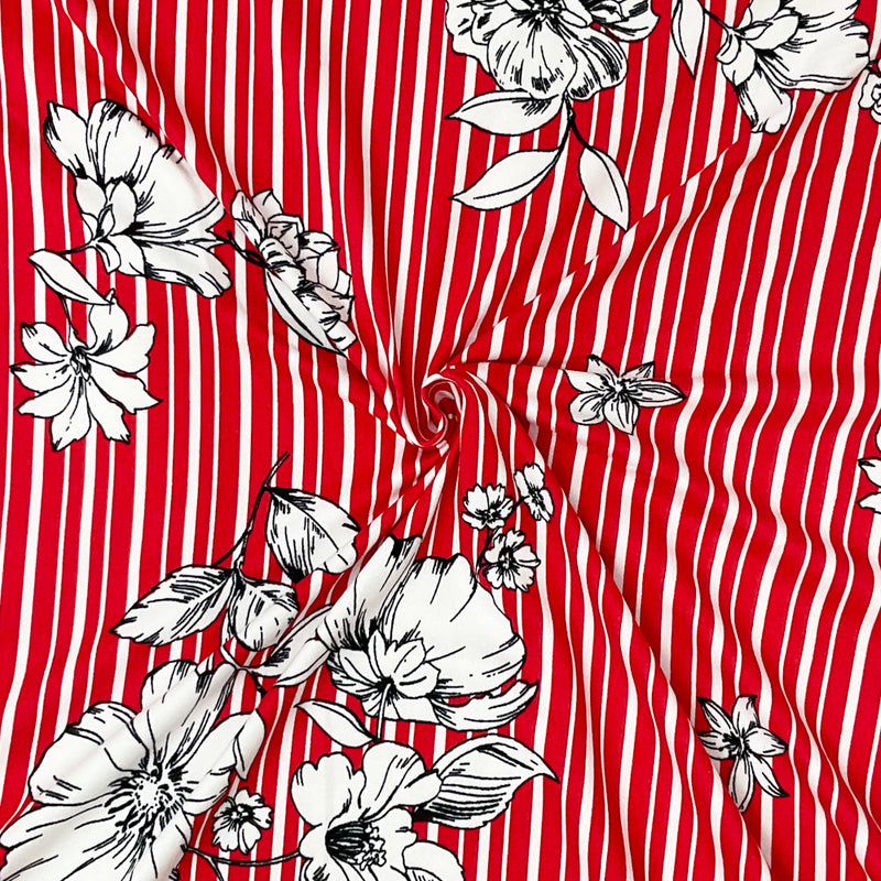 Red-Multi Poly Stretch Spandex Floral Stripe Print DB Jersey Knit Fabric