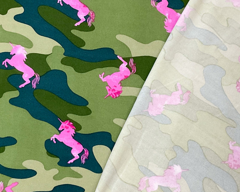 3 YD PC-Green-Pink Poly Stretch Spandex Camo Unicorn Print DB Jersey Knit Fabric