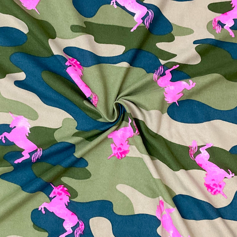 2 YD PC-Green-Pink Poly Stretch Spandex Camo Unicorn Print DB Jersey Knit Fabric