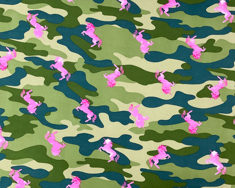 2 YD PC-Green-Pink Poly Stretch Spandex Camo Unicorn Print DB Jersey Knit Fabric