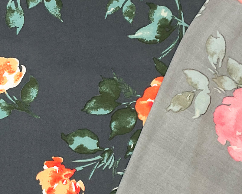 Deep Gray-Multi Poly Stretch Spandex Floral Printed Jersey Knit Fabric