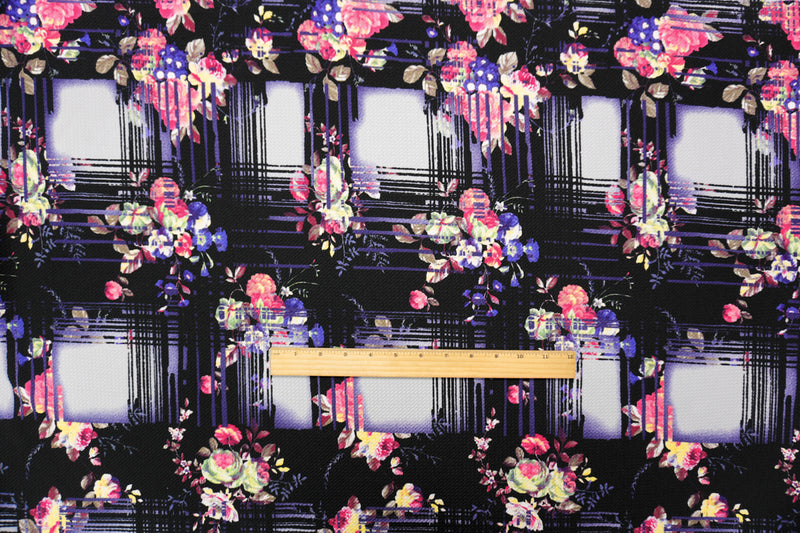Black-Multi Abstract Floral Print Liverpool Double Knit Fabric