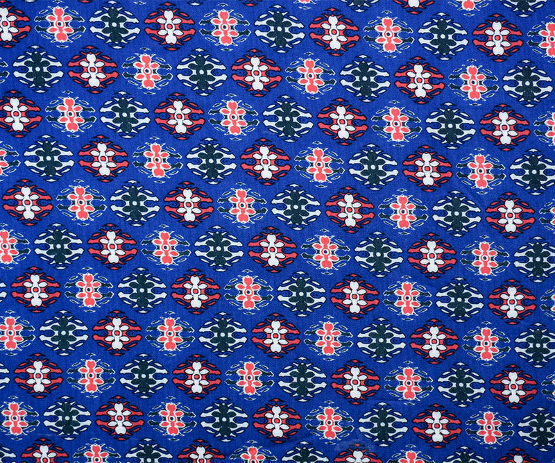 Blue-Red-Multi Rayon Abstract Tile Printed Twill Woven Fabric
