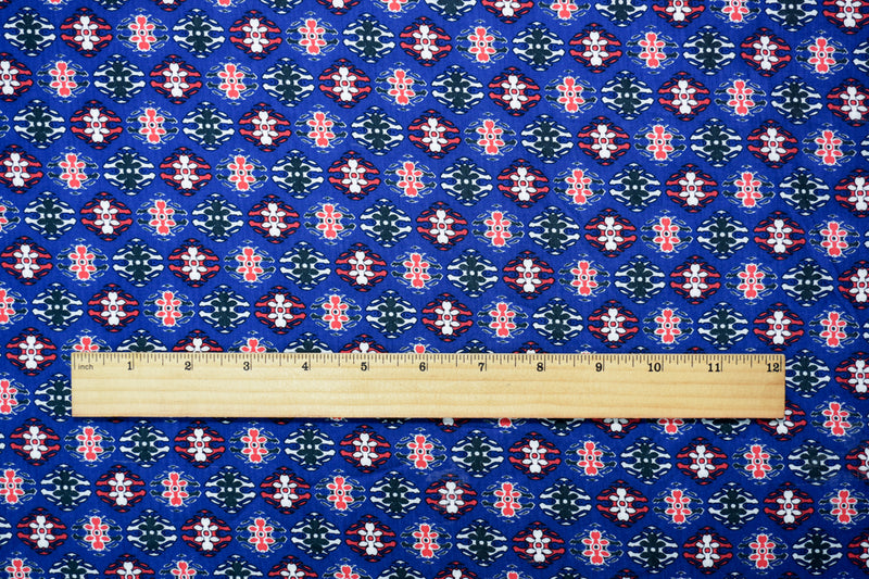 Blue-Red-Multi Rayon Abstract Tile Printed Twill Woven Fabric