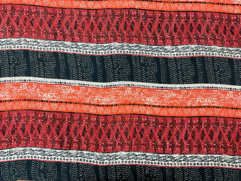 Blue-Multi Rayon Boho Stripe Printed Momie Crepe Woven Fabric