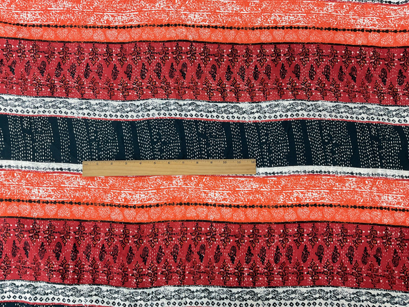Blue-Multi Rayon Boho Stripe Printed Momie Crepe Woven Fabric