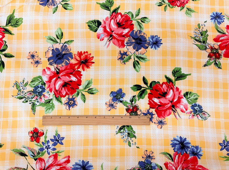 Yellow-Red-Multi Rayon Floral Plaid Printed Challis Woven Fabric
