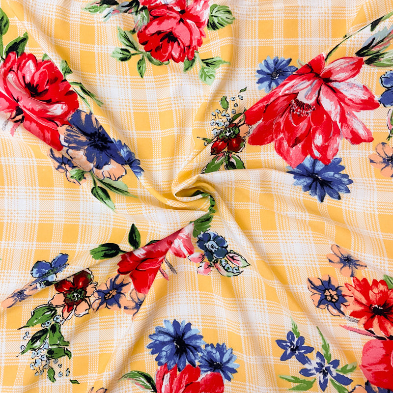 Yellow-Red-Multi Rayon Floral Plaid Printed Challis Woven Fabric