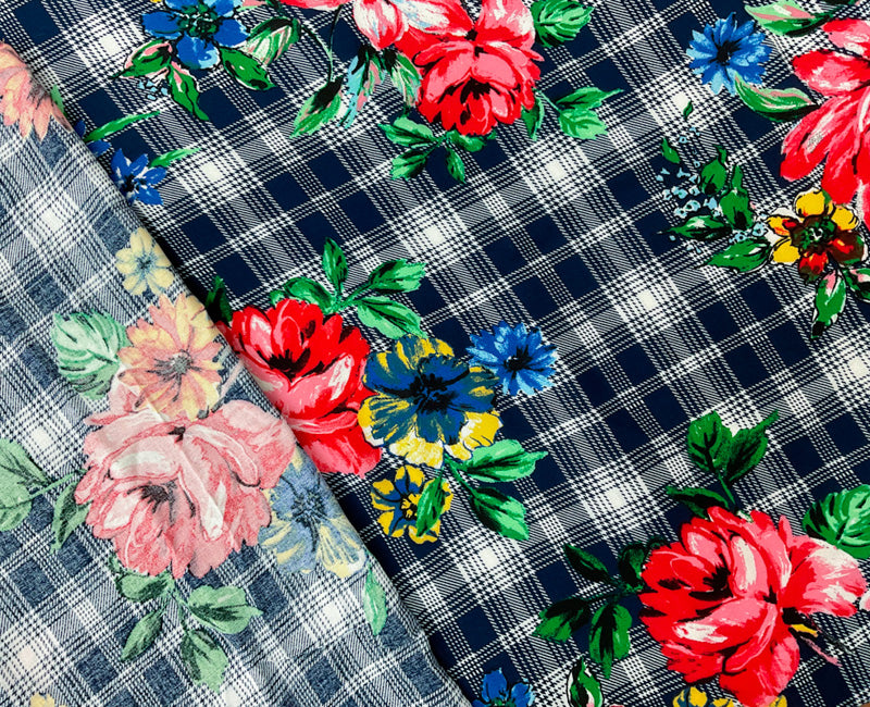 Blue-Green-Multi Rayon Floral Plaid Printed Challis Woven Fabric