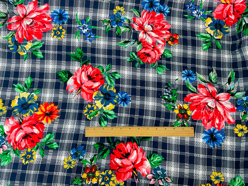 Blue-Green-Multi Rayon Floral Plaid Printed Challis Woven Fabric