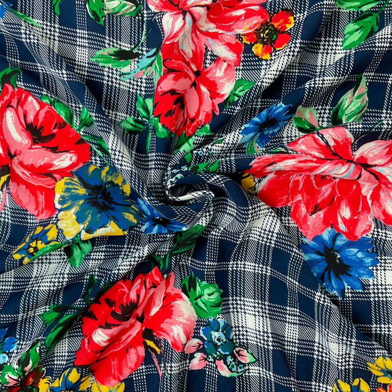 Blue-Green-Multi Rayon Floral Plaid Printed Challis Woven Fabric
