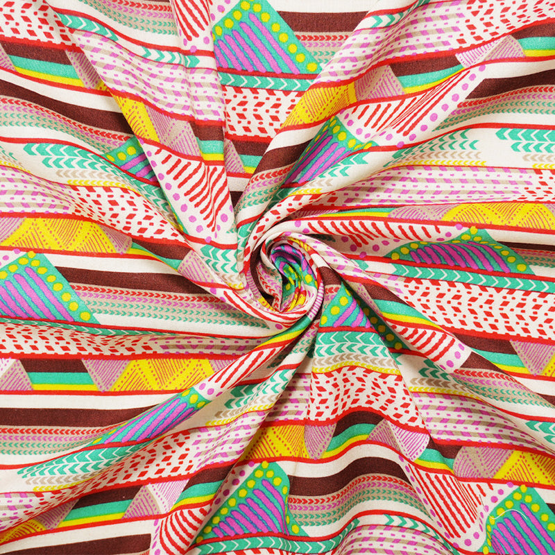 Red-Ivory-Multi Rayon Geometric Printed Voile Woven Fabric