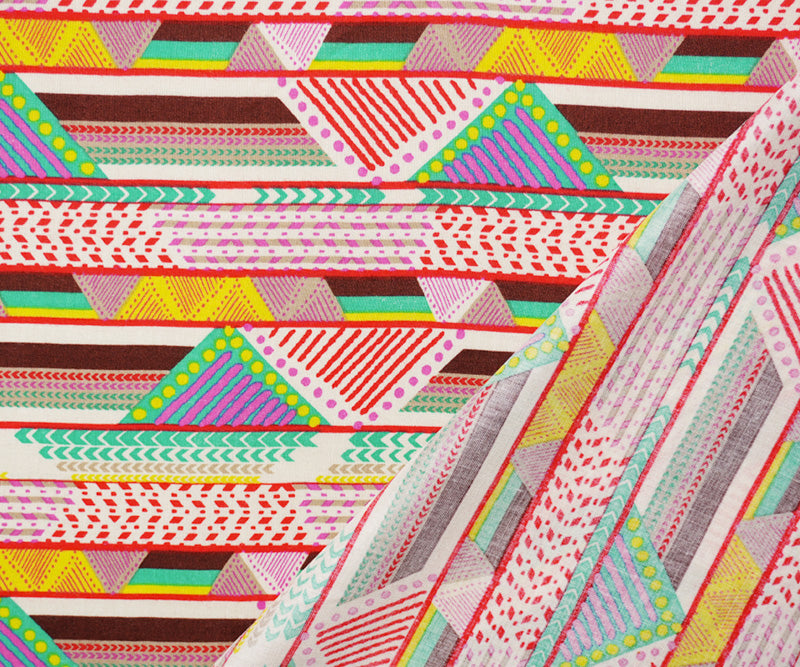 Red-Ivory-Multi Rayon Geometric Printed Voile Woven Fabric