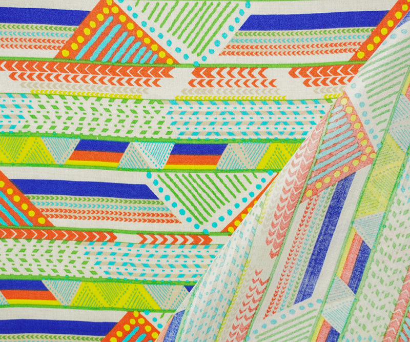 Green-Ivory-Multi Rayon Geometric Printed Voile Woven Fabric