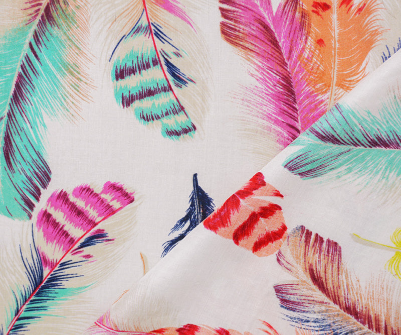 Off-White-Multi Rayon Feather Printed Voile Woven Fabric