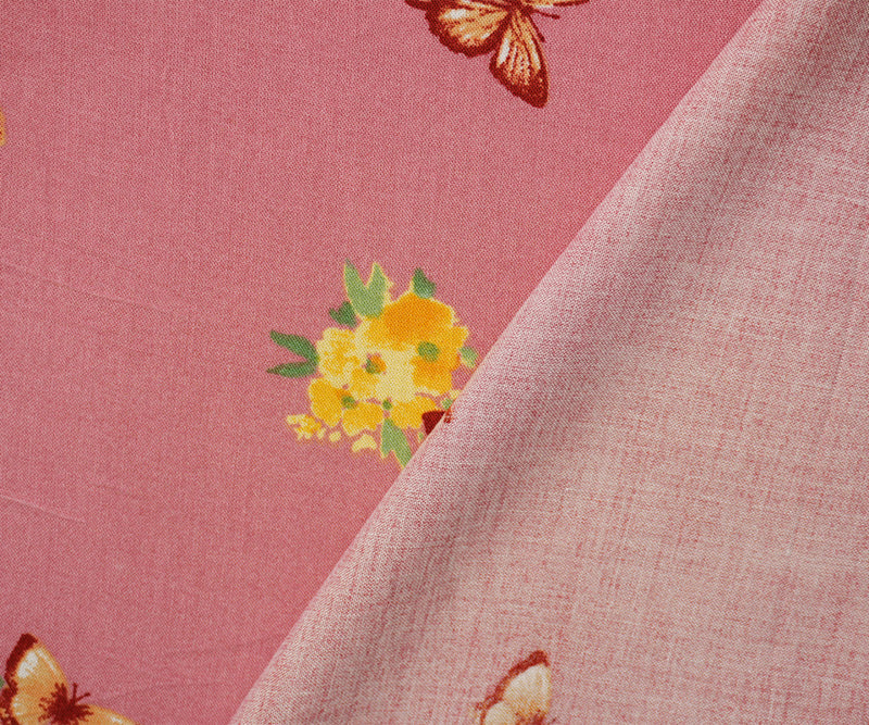 Pink-Yellow-Multi Rayon Floral Butterfly Printed Challis Woven Fabric