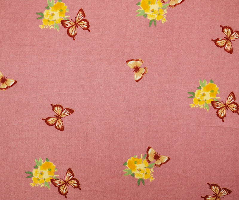 Pink-Yellow-Multi Rayon Floral Butterfly Printed Challis Woven Fabric