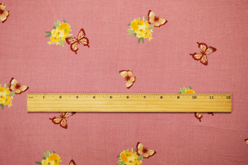 Pink-Yellow-Multi Rayon Floral Butterfly Printed Challis Woven Fabric