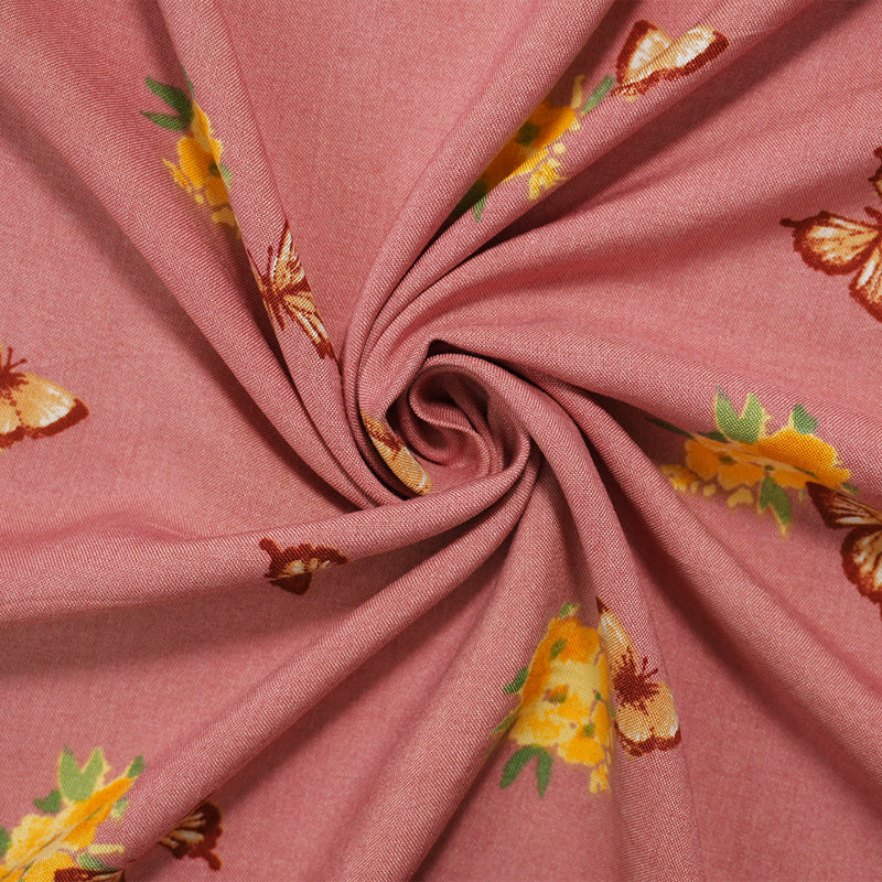 Pink-Yellow-Multi Rayon Floral Butterfly Printed Challis Woven Fabric