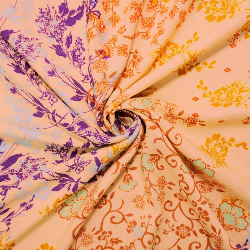 Orange-Purple-Multi Rayon Floral Printed Momie Crepe Woven Fabric