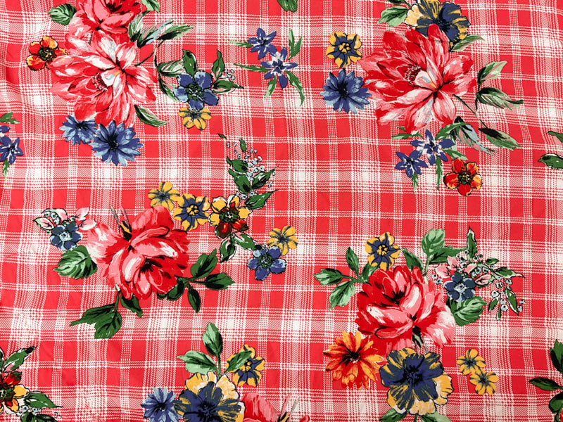 Red-Blue-Multi Rayon Floral Plaid Printed Challis Woven Fabric